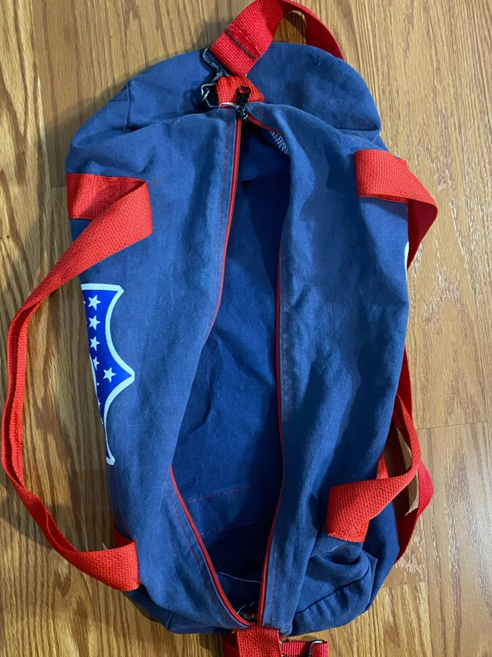 Vintage NFL Navy Duffel Bag with Red Straps and Logo